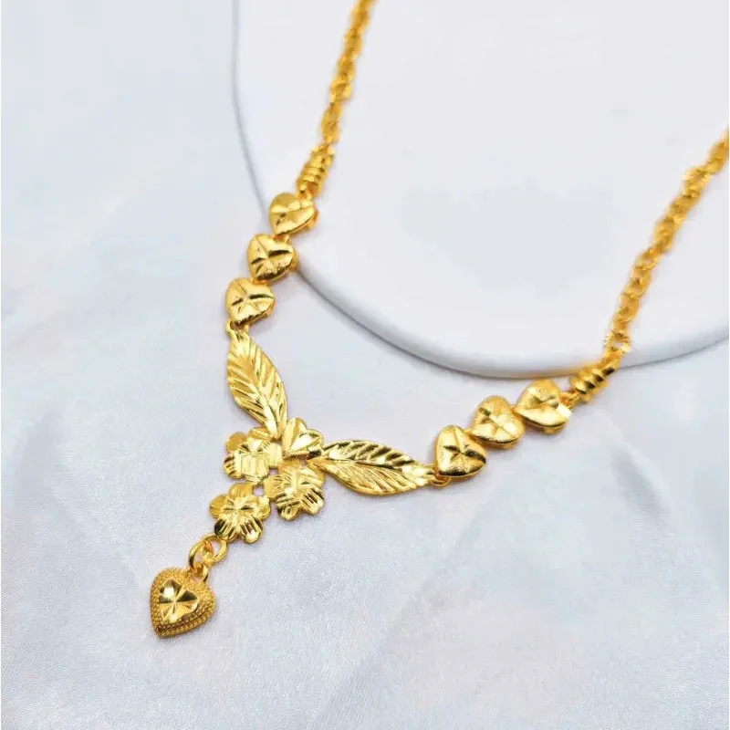 Luxury 24K 9999 Pure Gold real gold Women's multi-layer love flower leaf pendant necklace clavicle chain