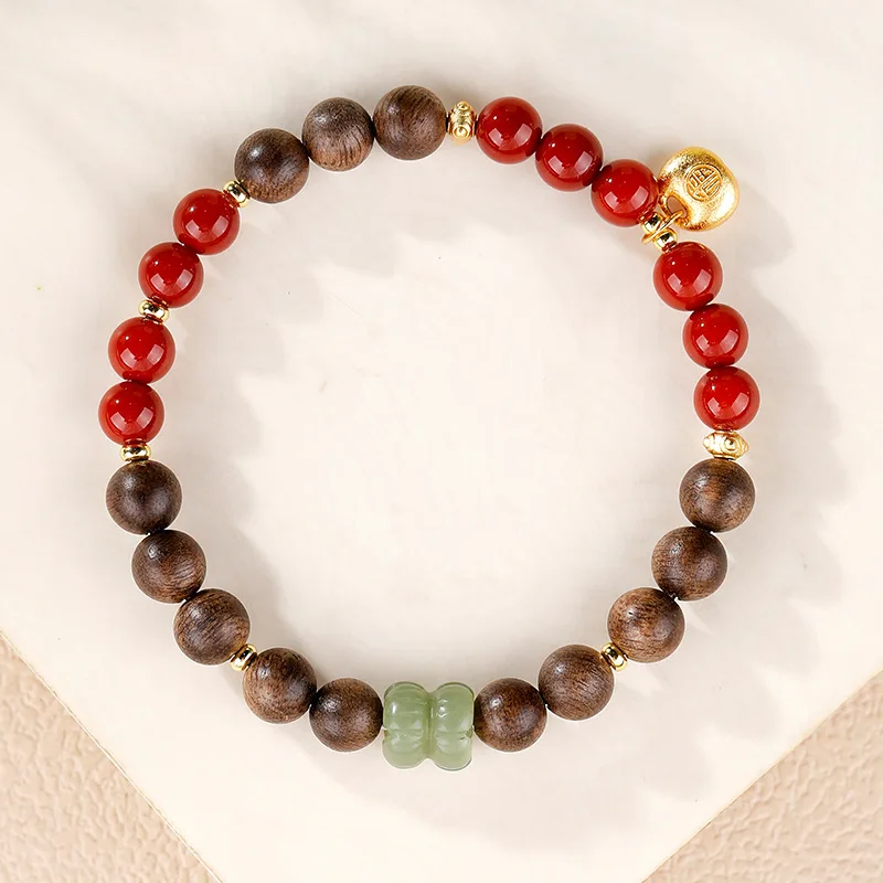 Natural Agarwood Beaded Bracelet for Women with South Red Agate and Hetian Jade Twin Lotus Fortune Beads Gifts