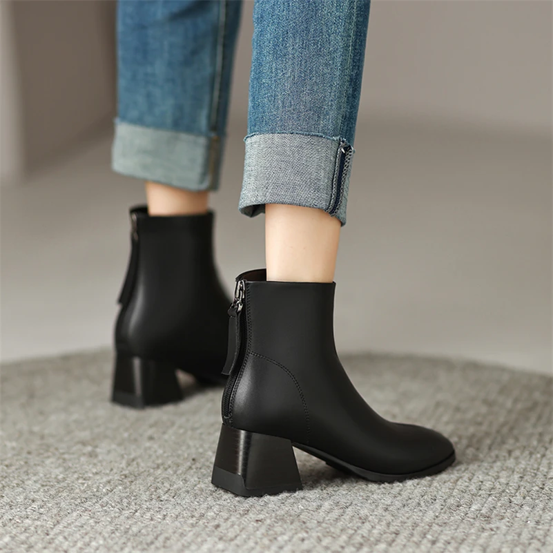 Meotina Women Genuine Leather Ankle Fur Wool Boots Round Toe Thick Mid Heel Zipper Ladies Fashion Short Boot Autumn Winter Shoes