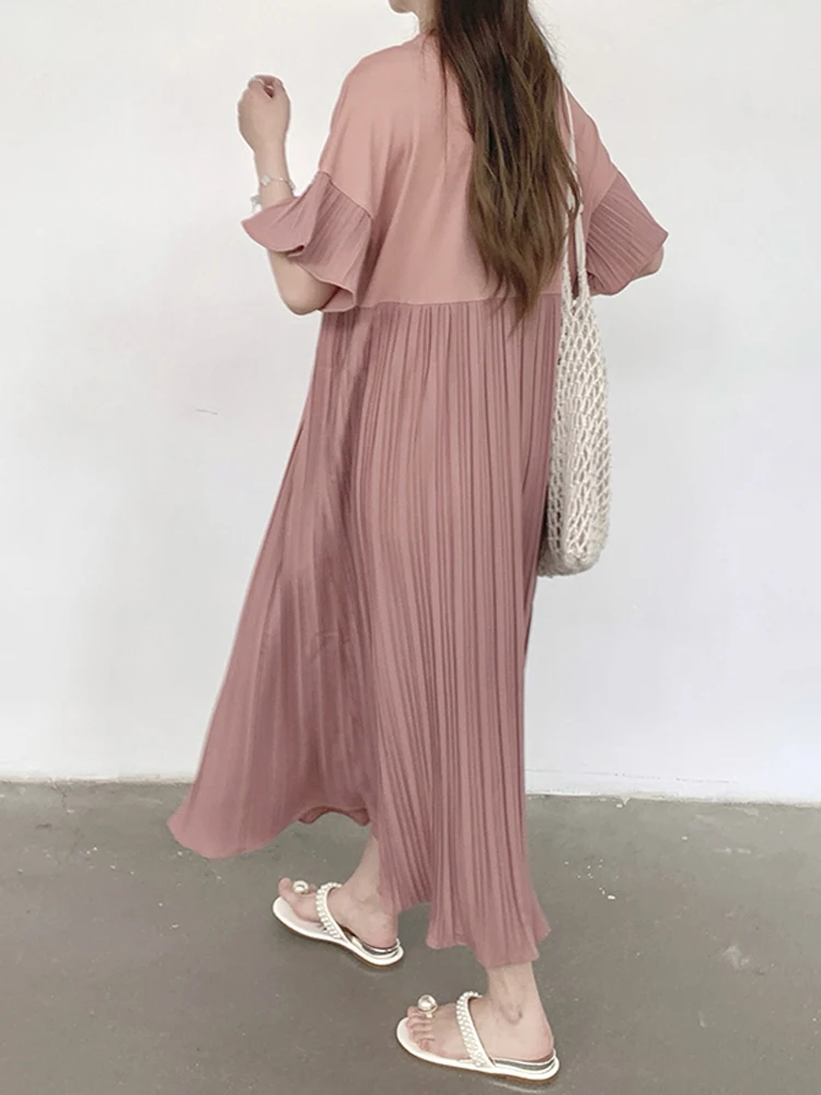 NYFS 2025 الكورية نمط المرأة الصيف فضفاض حجم كبير للطي الربط قصيرة الأكمام فستان طويل رداء Elbise