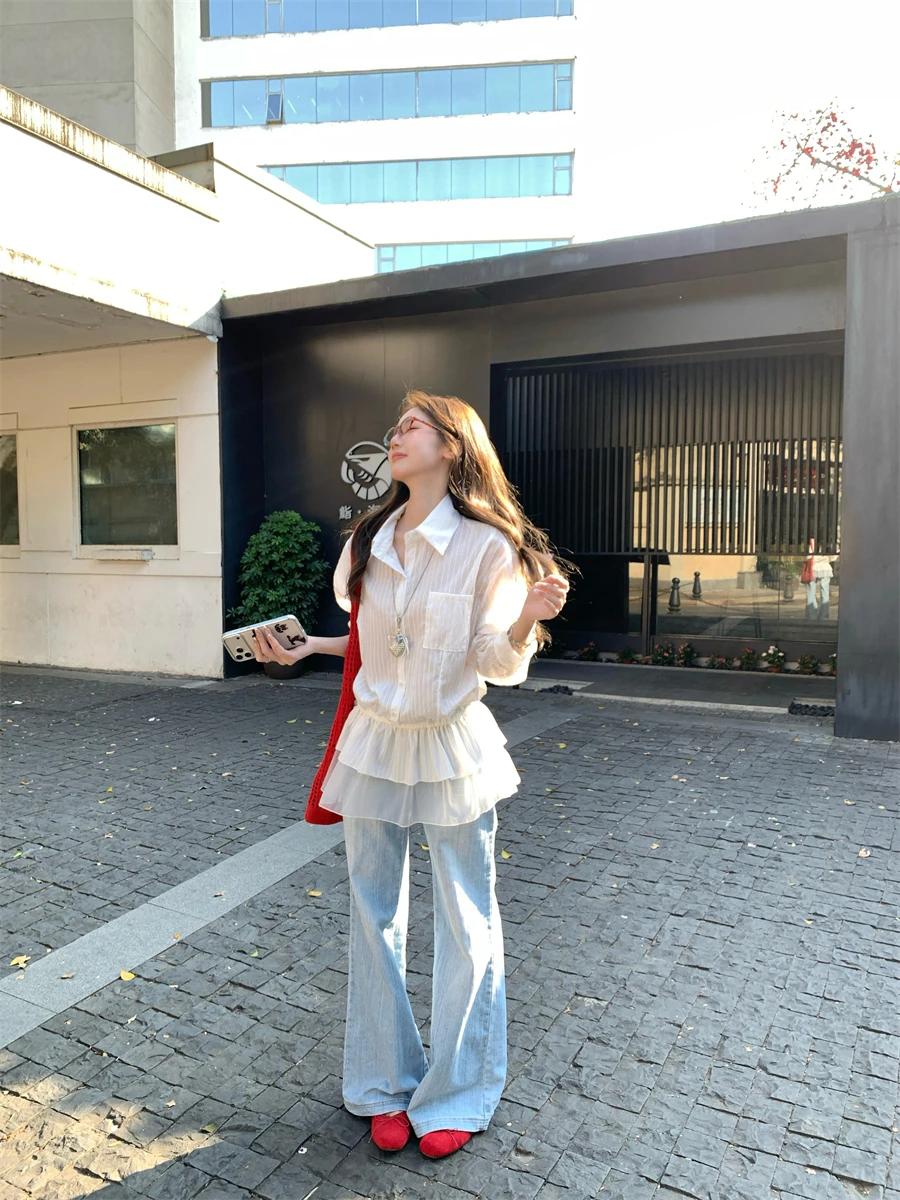 

White Striped Long Sleeve Women's Shirt Spring Gentle Wind Sun Protection Lace Splicing Double Layer Hem Top Drawstring