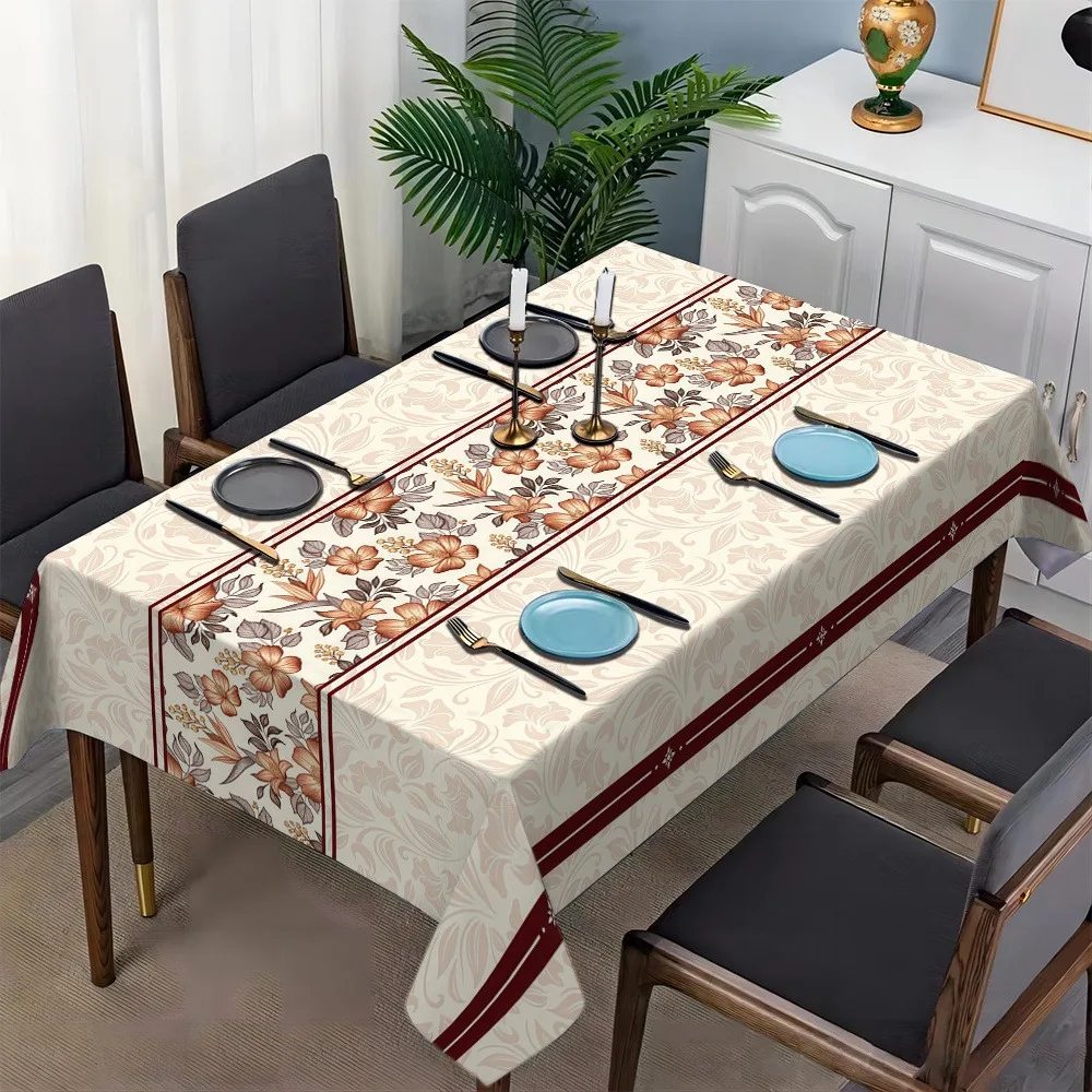 Beautiful Floral Polyester Tablecloth for Dining Table Rectangular Spring Centerpiece Beige Brown Elegant Meal Decor Cover