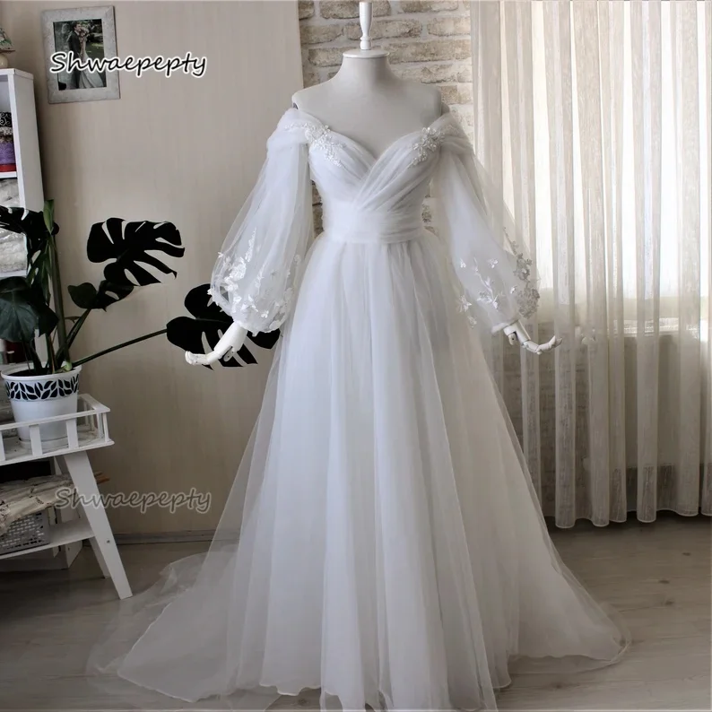 

Long Sleeves Wedding Dress Lace Appliques Off Shoulder Romantic Princess Bridal Gown Customized White Tulle Long Robe De Mariee