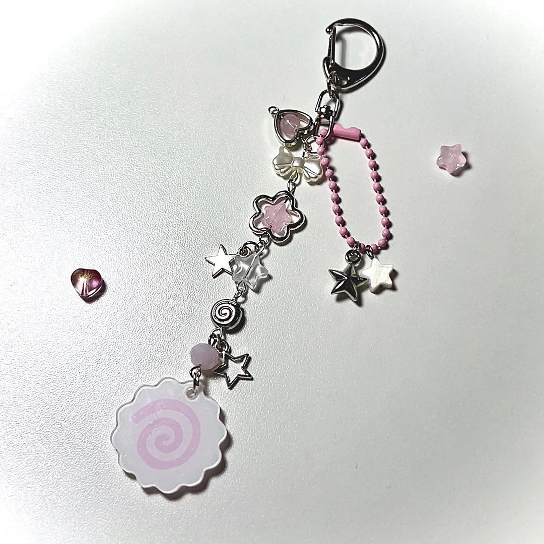 Narutomaki Fish Cake Pink White Beaded Keychain Wire