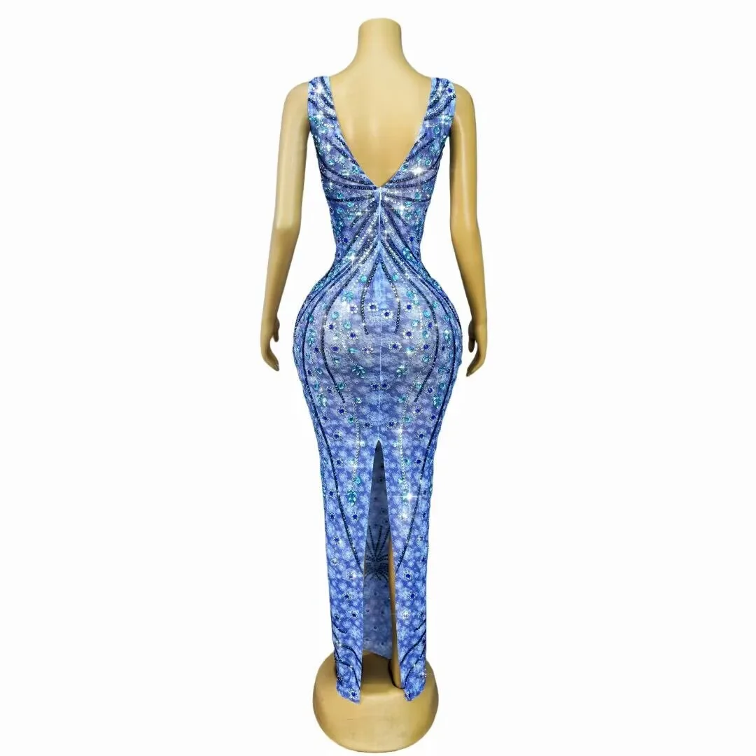 Sexy Twinkling Rhinestones V-neck Cultivation Maxi Dress Women Birthday Evening Exquisite Gown Red carpet Show Stage Outfit