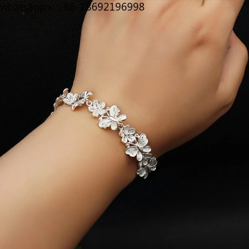 Sterling Silver Butterfly Love Flower Bracelet New Chinese Style Bracelet Foot Silver Exquisite Versatile Jewelry