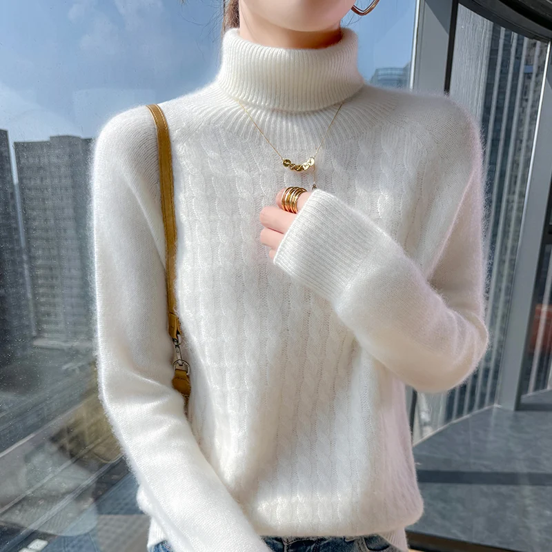 

Осенне-зимняя женская трикотажная рубашка из 100% шерсти с подкладкой и высоким воротником, пуловер, кашемировый свитер