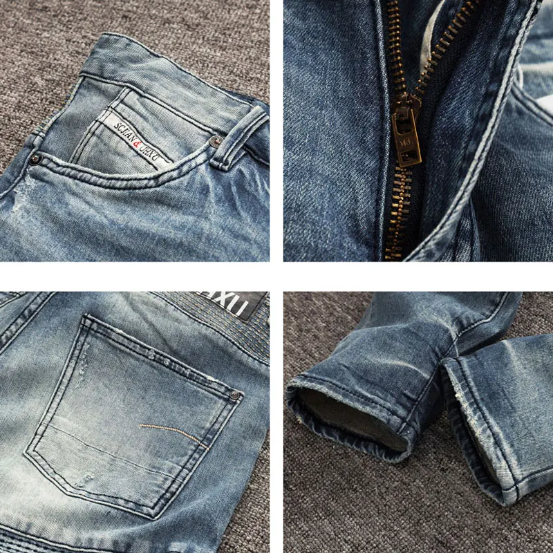 Streetwear Fashion Men Jeans Retro Blue Stretch Slim Fit Spliced Designer Biker Jeans Homme Patched Hip Hop Denim Pants Hombre