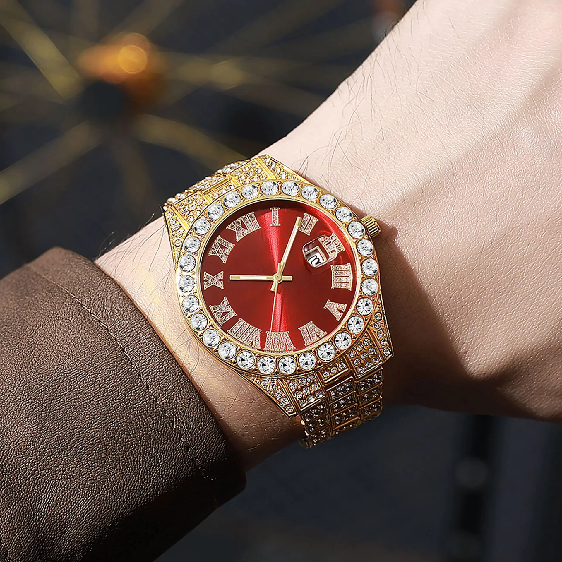 Classic Luxury Golden Men's Steel Strap Roman Scale Rhinestone Calendar Quartz Watch Fashion Male Wristwatch