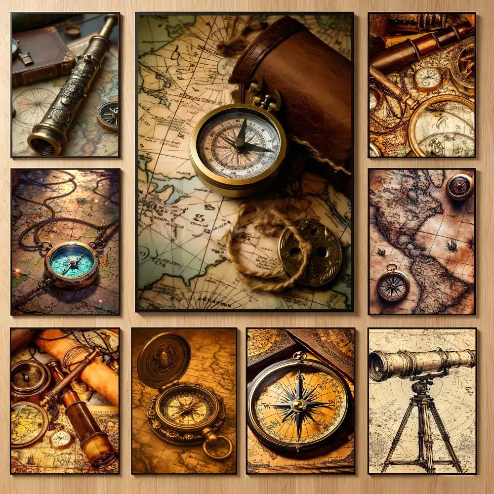 Antique Graphic V-Vintage World Map Compass Poster Classic Self-Adhesive PP Wall Sticker for Living Room Bar Decor Gift