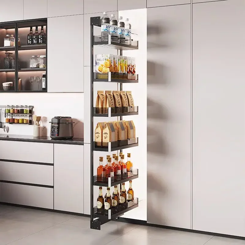 High cabinet side pull basket, refrigerator crevice rack, very narrow snack cabinet