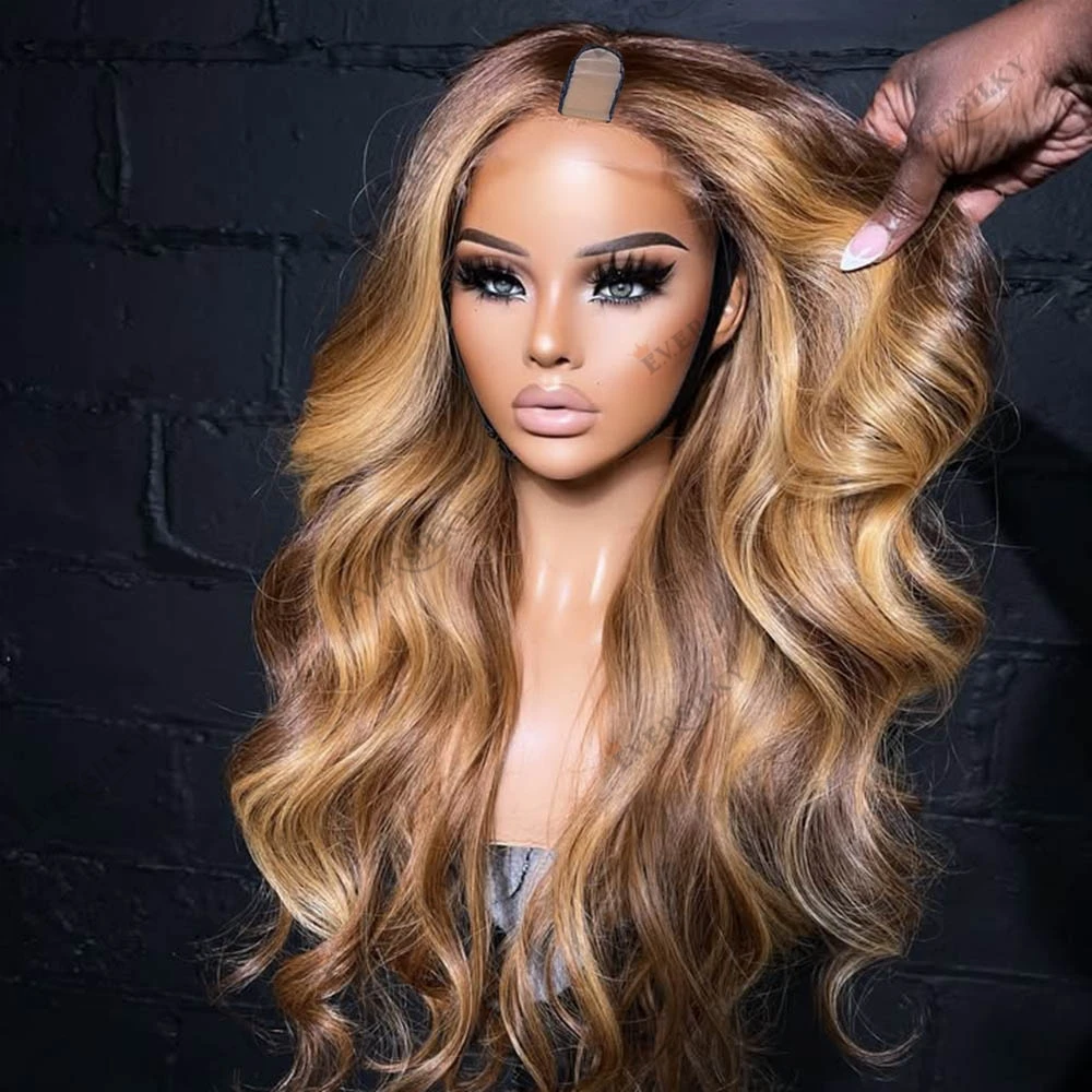 

Light Brown Honey Blonde Balayage Highlight Human Hair Black Women Wigs Machine Made U Part Wigs 1x4 Middle Part V Part Wigs
