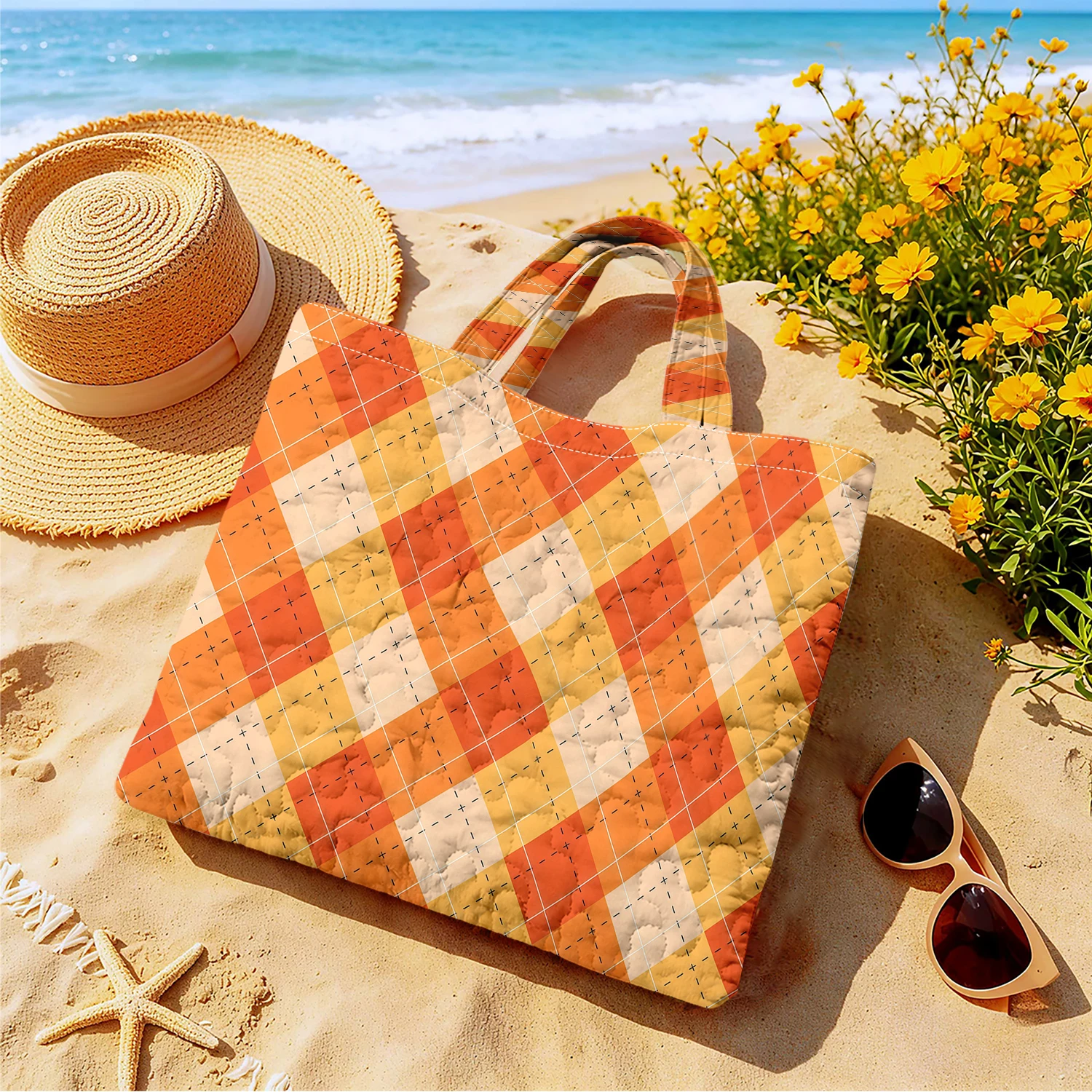 Orange & Yellow Argyle Decorative Large Capacity Canvas Shoulder Bag Dual Side Print Tote Bag Daily Shopping Bag Fashion Handbag