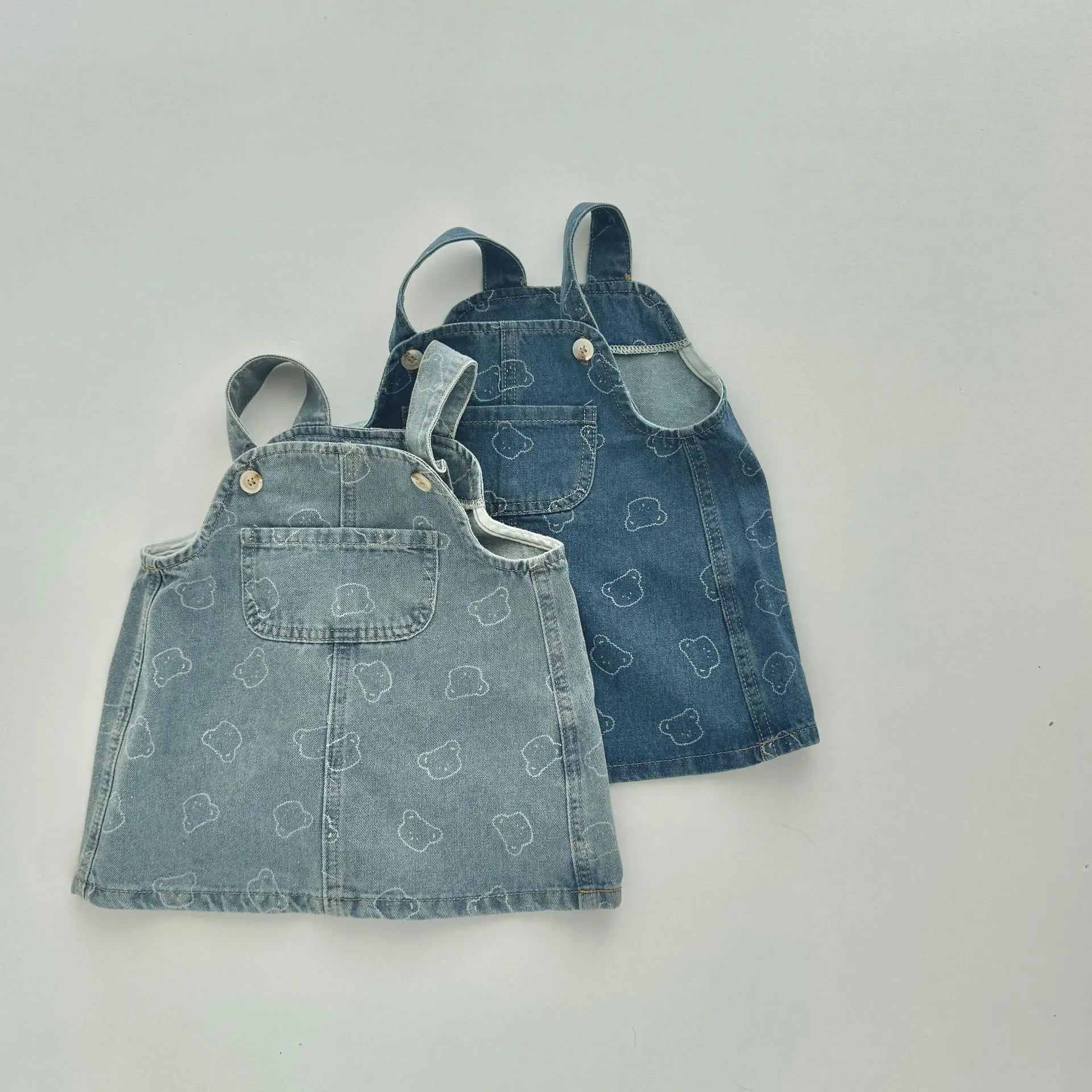 

2025 Summer New Girls Sleeveless Denim Dress Kids Girls Sling Dress Cute Bear Print Children Vest Dress Cute Baby Girl Clothes
