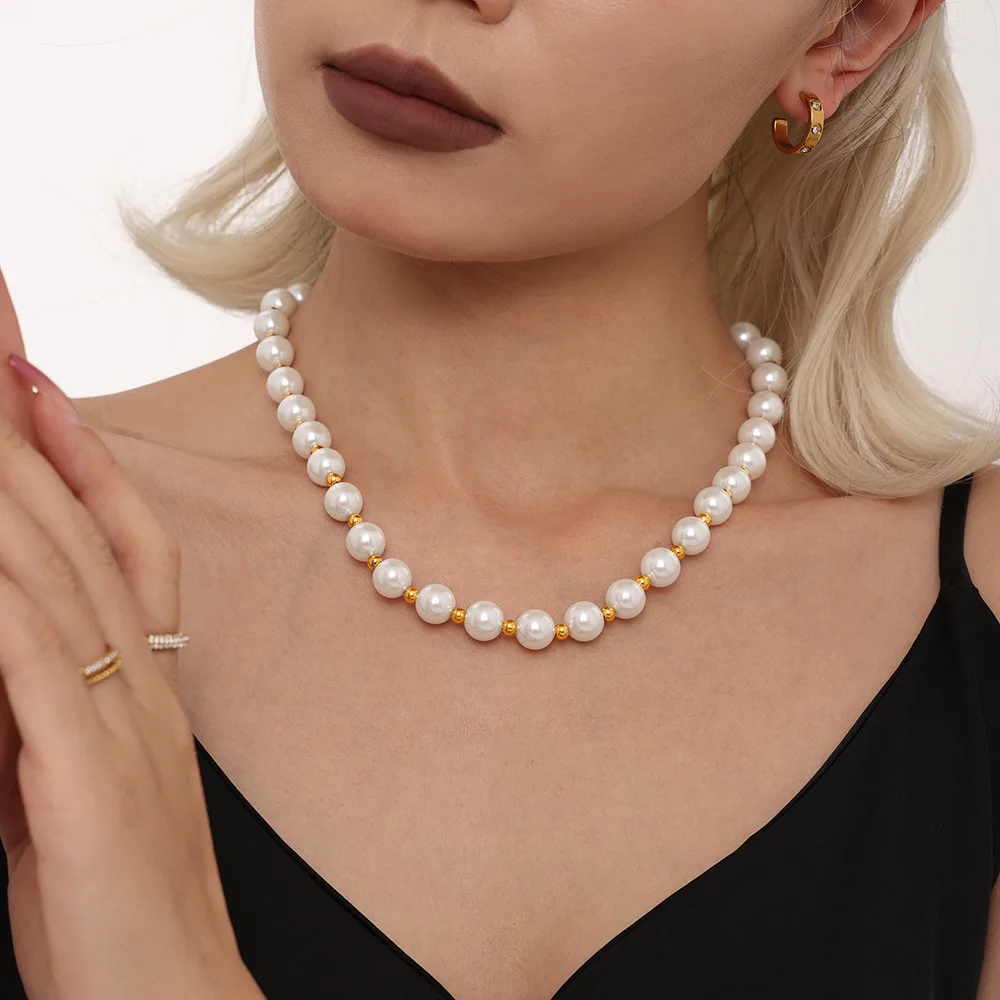 Necklace for Women No Fade Clavicle Chain 12mm White Shell Beaded Stainless Steel Charm Female Jewelry Gift