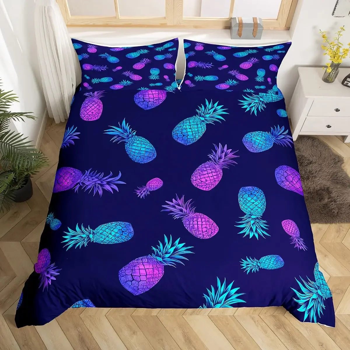 

Pineapple Duvet Cover Set Fruit Pineapple Print Single Queen Bedding Set for Kids Adults Bedroom Luxury Decor King Duvet Covers