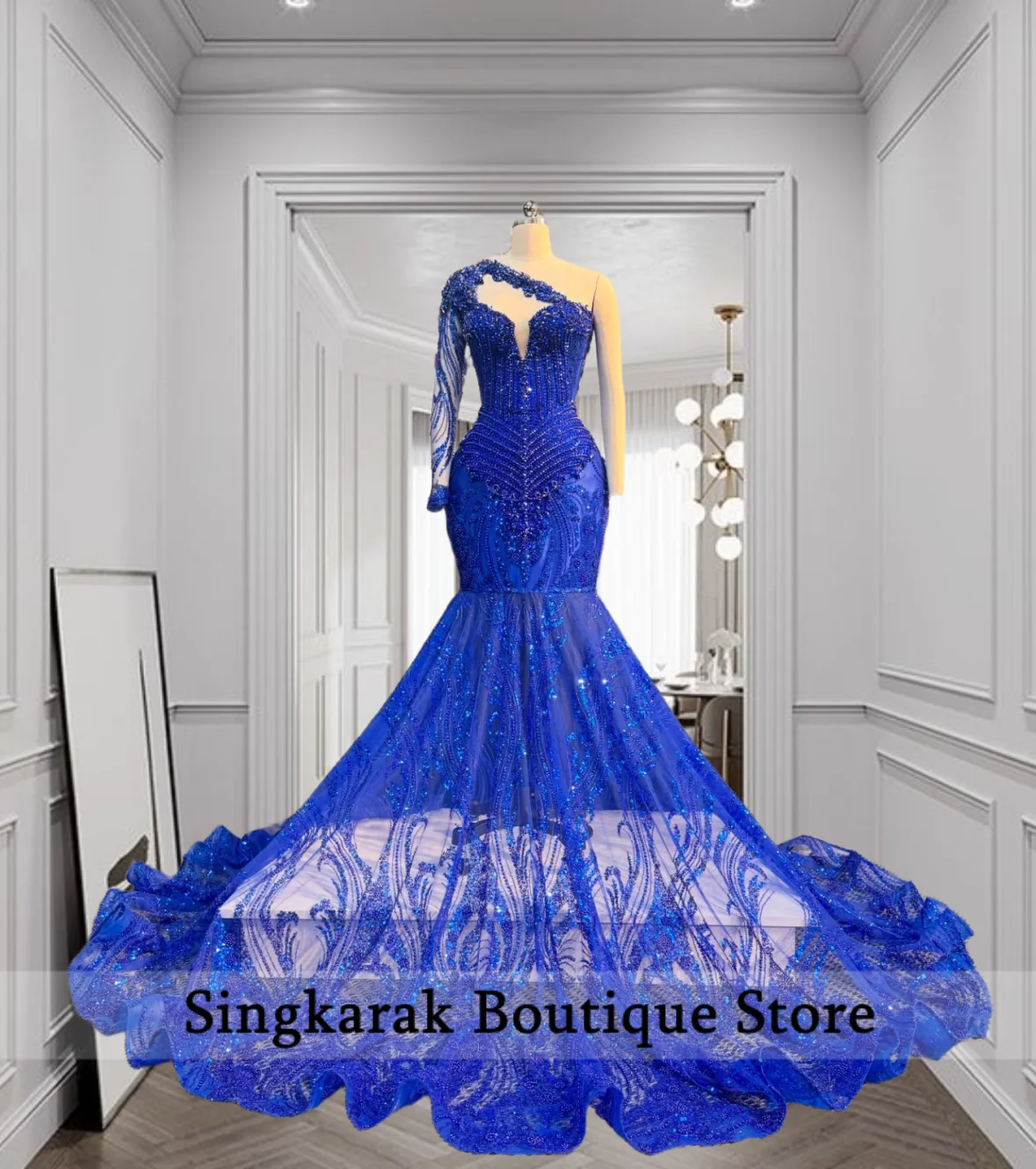

Elegant Royal Blue One Shoulder Beaded Mermaid Evening Gown Formal Party Prom Gown Black Girl Customized