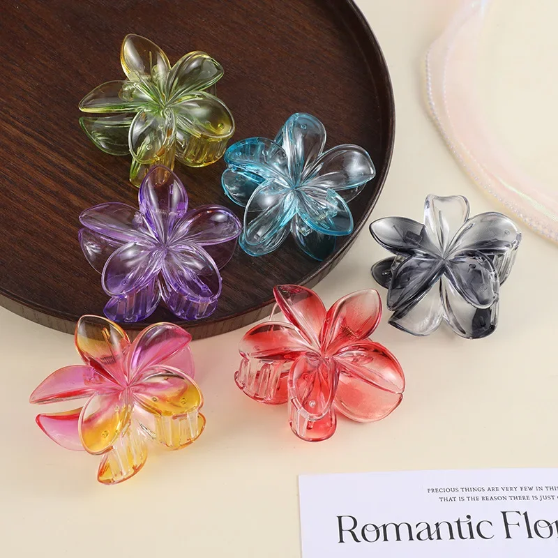 

8CM Color Plumeria Girls Hair Clips Transparent Gradient Hair Claw Clip Flower Shark Clip Hair Accessories for Women Claw Clip