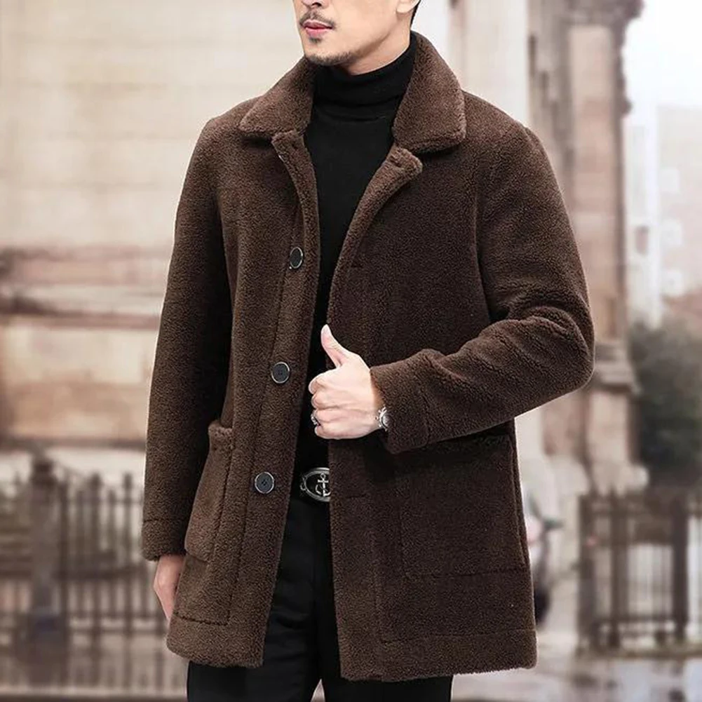 Thick Warm Imitation Lambskin Velvet Jacket for Men with Lapel Collar Casual Coat Suitable for Autumn and Winter