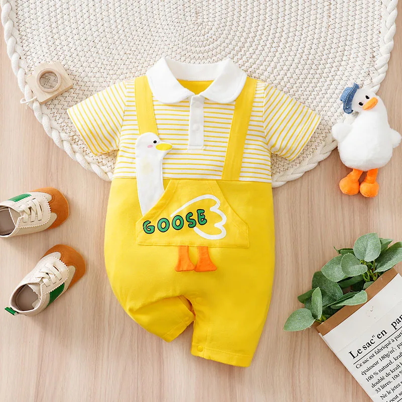 

Cute Children's Clothing Baby Yellow Goose Pattern Clothes Doll Collar Design Ha Yi Baby Summer Jumpsuit