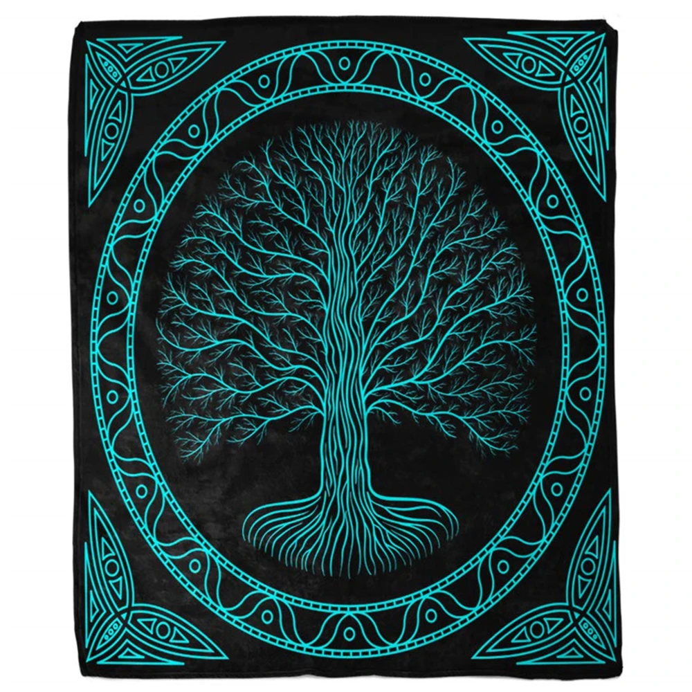 Druidic Yggdrasil Tree Blanket, At Night Round Silhouette Black and Blue Logo Gothic Ancient Warm Soft Flannel Throw Blankets