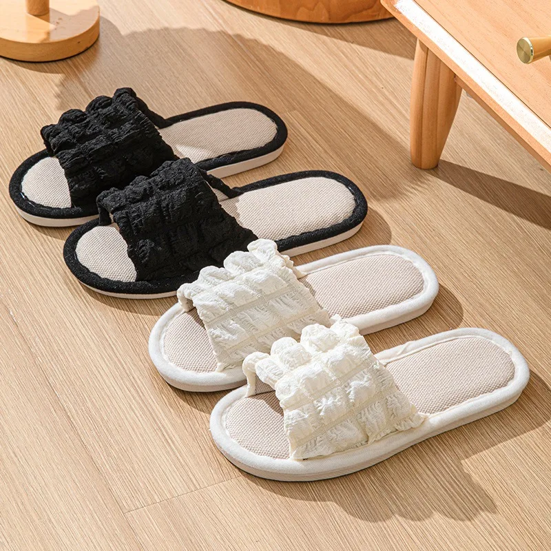 

Льняные тапочки на плоской подошве, женские домашние тапочки, Нескользящие тапочки на плоской подошве с открытым носком, парные шлепанцы, домашние женские тапочки mujer