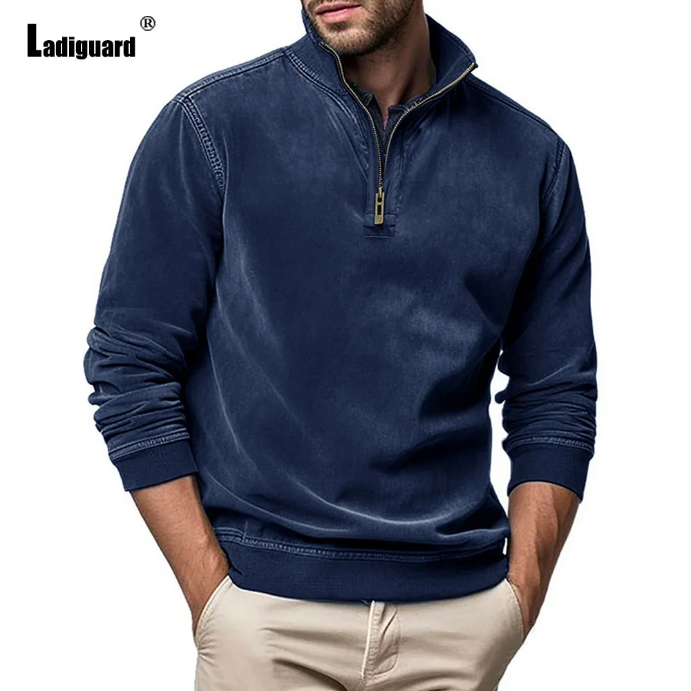 Men Casual Plush Sweatshirts Mandarin Collar Top Clothing 2024 Europe Fashion Zipper Sweatshirt Mens Vintage Basic Pullovers New