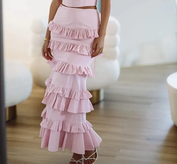 Newest Pink Ruffles Trimmed Satin Women Skirts Straight  Ankle Length Fashiom Female Maxi Skirts Handmade Skirt