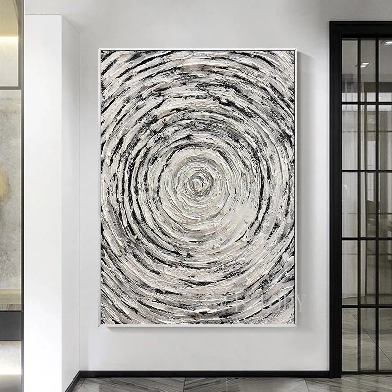 

Black White Art Circle Texture Oil Painting On Canvas Abstract Wall Art Decorative Painting Print for Elegant Room Decor Poster