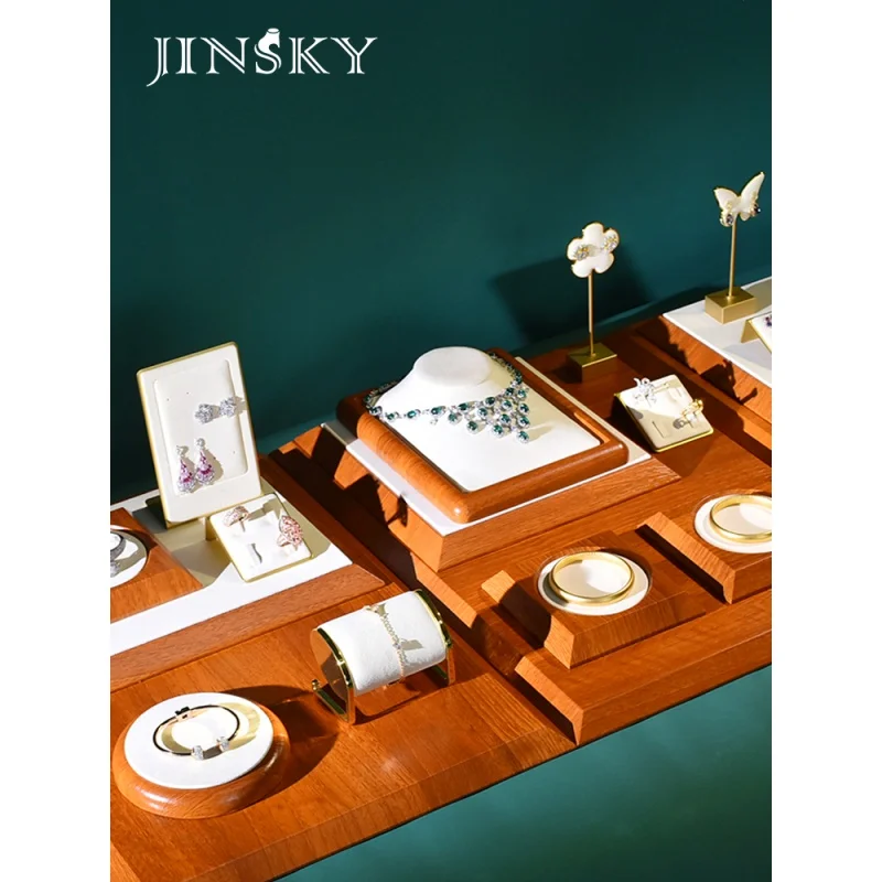 Custom. jinsky wood design match microfiber jewelry display set for window showcase