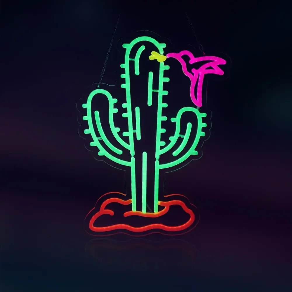 Cactus Neon Sign Green Pink LED Wall Art Desert Flower Glow USB Powered Dimmable Acrylic Lamp Living Room Party Decor