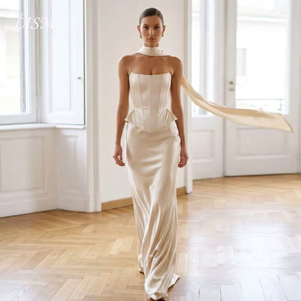 Lism Customized Classic Wedding Dress with Scarf Strapless Ivory Satin Mermaid Bridal Gown Vestido De Novia 2026 Evening Dresses