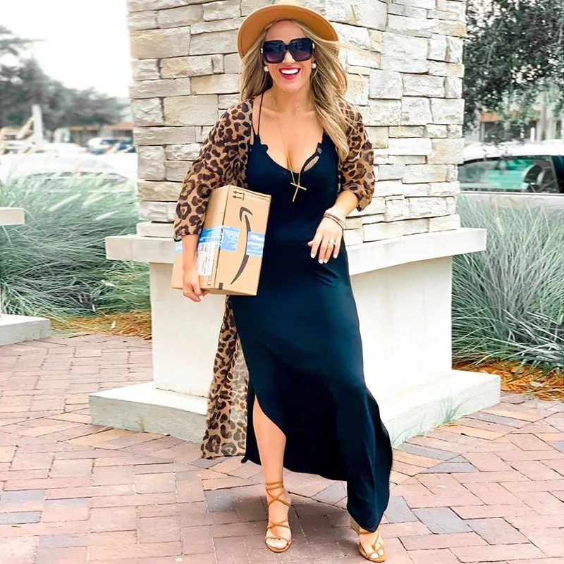 Natación vacaciones de verano cubrir playa Sexy leopardo gasa cinturón desmontable Kimono largo bata de playa vestido traje de baño ropa de playa