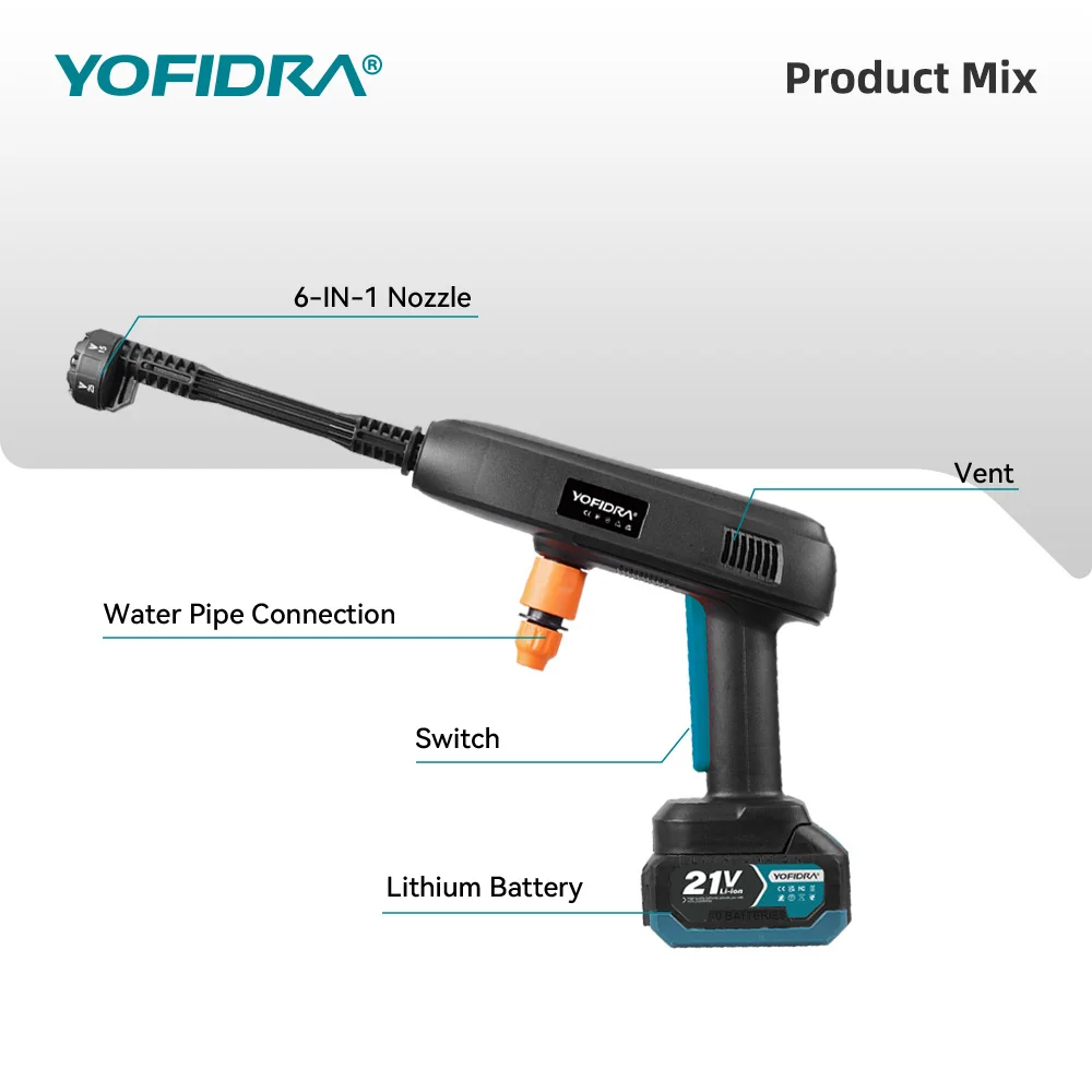 YOFIDRA 6-in-1 Hochdruck-Elektro-Wasserspritzpistole Auto-Gartenreiniger Elektrowerkzeug mit 22L Wassereimer für Makita Akku – Detail 5