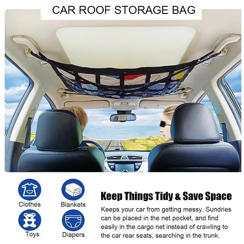 Sixth Generat Car Ceiling Cargo Net Load-Bearing Mesh Roof Storage Organizers Space Saving Storage Bag Auto Interior Accessories