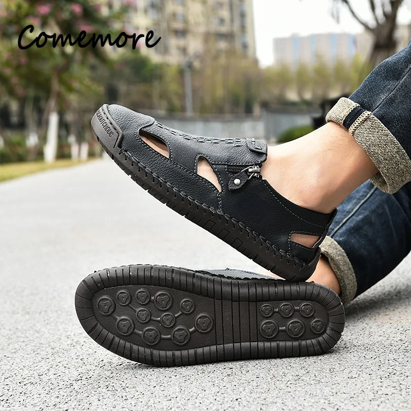 Comemore New Summer Men's Sandals Soft Comfor Breathable Leather Shoes Outdoor Antiskid Beach Hollow Fashion Footwear Plus Size