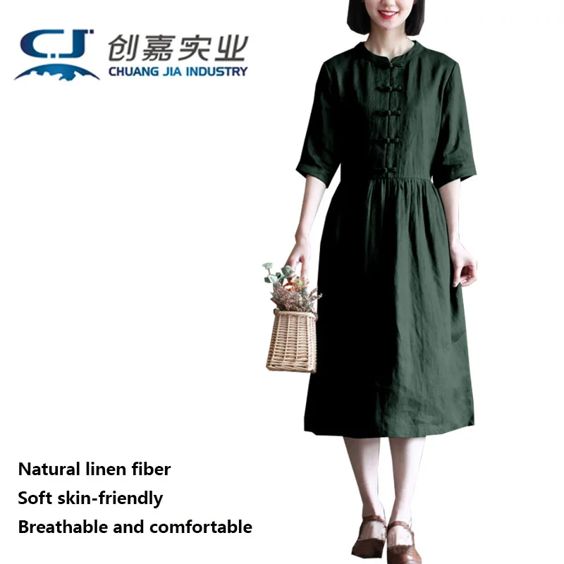 Linen Spring and Summer Lady Seven-point Sleeve Dress Retro Chinese Style Stand-up Collar Sen Tied Literary Solid Color Dress