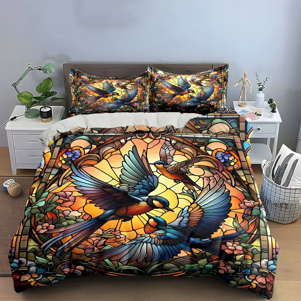 Elegant Bird Artwork Decor Set Bedding Set with 1 Duvet Cover 2 Pillowcases Single Double King Queen, Gift