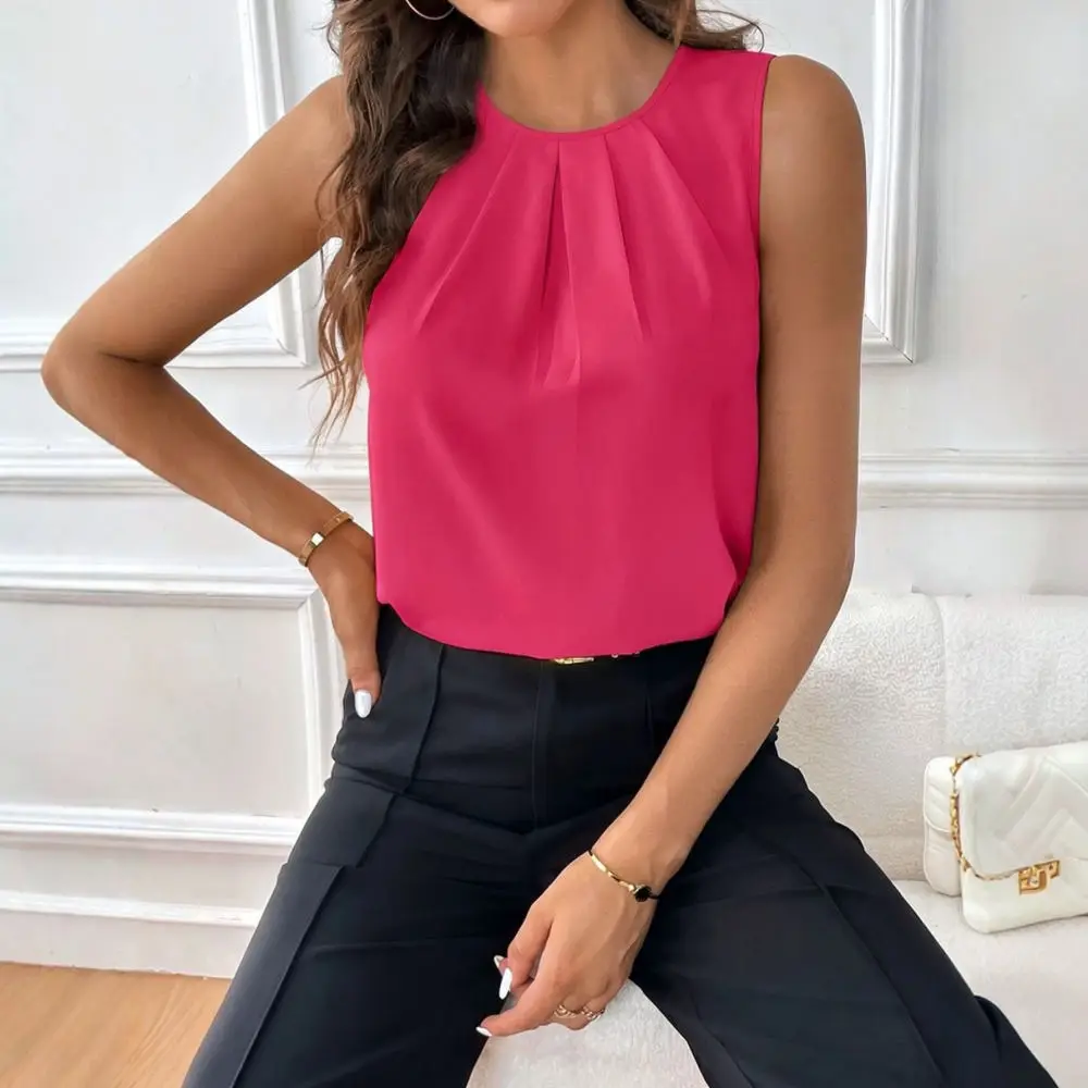 Minimalist Womens Sleeveless Blouse Summer Casual Round Neck Shirt Solid Color Elegant Professional Office Workwear Tank Top