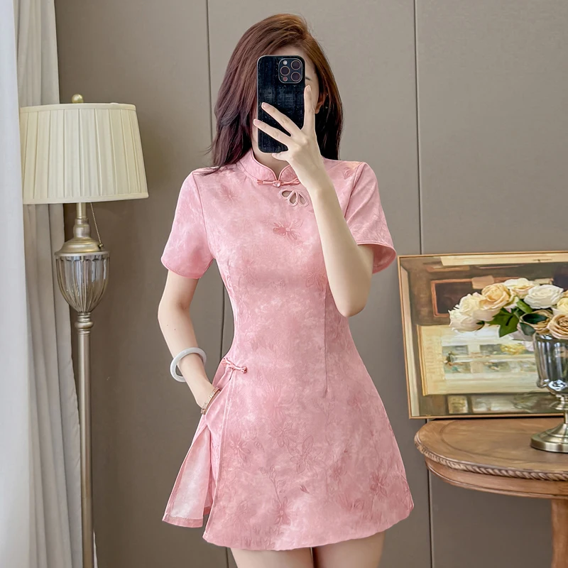 2026 New Chinese Style Elastic Jacquard Embroidery Cheongsam Dress+Shorts 2 Piece Set Women Hollow Out Pink Blue Summer Outfit