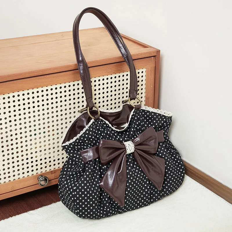 New bowknot shoulder tote bag, vintage, literary, simple, personalized cloth-dot handbag