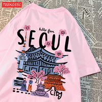 Casual Cotton Womens T-Shirts Seoul Beautiful Scenery Printed Short Sleeve O-Neck Breathable Oversize Fashion Female Clothes