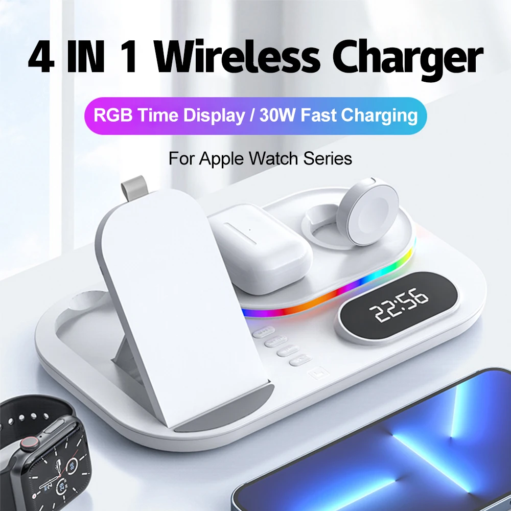 

3 in 1 Wireless Charger RGB Stand 30W Qi Fast Charging With Time Display Dock For iPhone 14 13 12 Apple Watch 7 6 /AirPods Pro