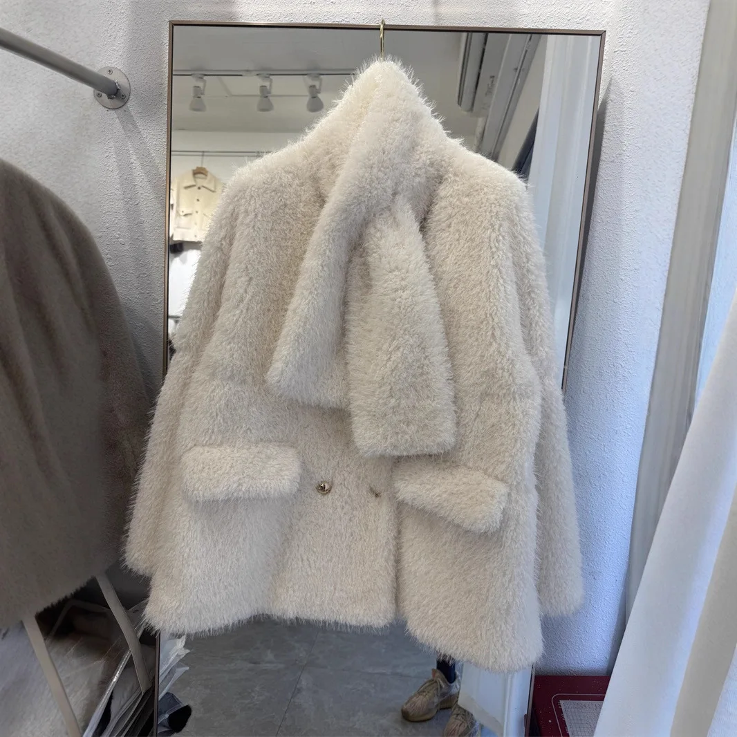 ファイオナブル・ティエンエド・レザー・ファー・インティネイテッド・コート・ウィメンズ・Vネック・ミドル丈・人工シープ・シザーズ・ベルベット・ジャケット