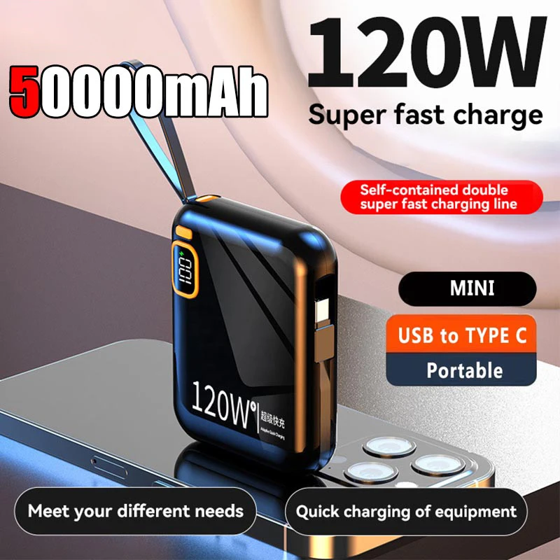 Power Bank Portabel 50000mAh PD 120W Kapasitas Tinggi Kabel Pengisian Cepat Dua Arah Mini Powerbank Untuk IPhone Samsung Xiaomi 2025