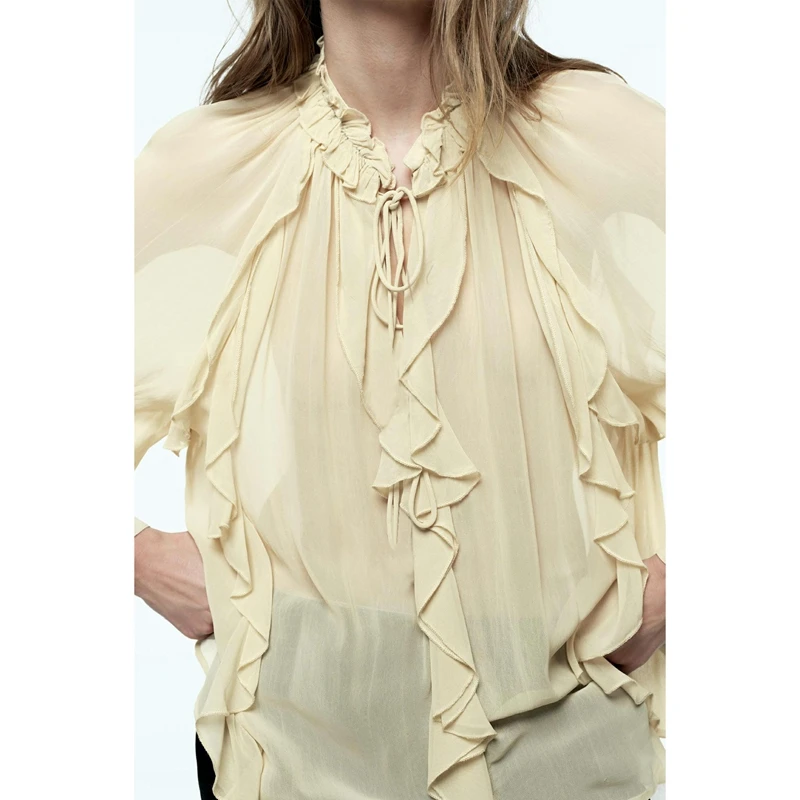 

Women Summer Sheer See-through Shirt Top Ruffle Decor Round Neck Bow Tied Lantern Long Sleeve Blouses Club Streetwear