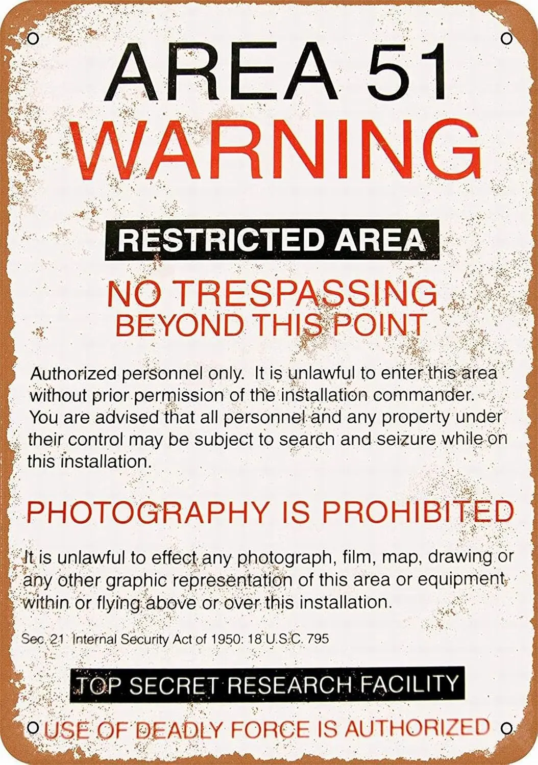 8 x 12 Metal Sign - Area 51 Warning - Retro Wall Decor Home Decor