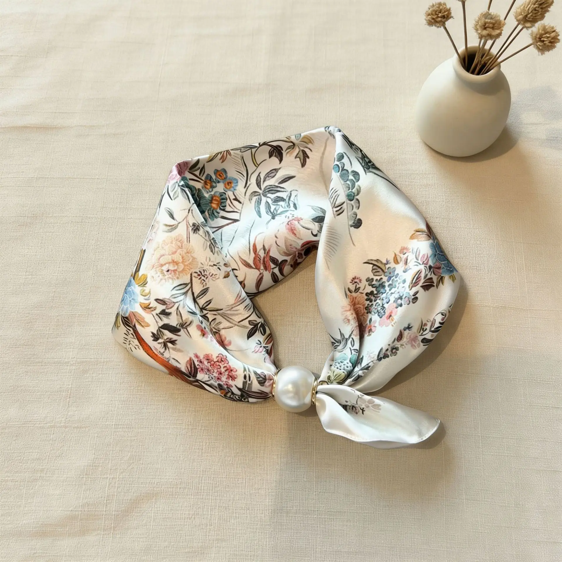 Spring Summer Thin Pearl Silk Scarves Magnetic Buckle Lazy Scarf Women Girls Sweet Elegant Pendant Collarbone Chain Neck Scarf