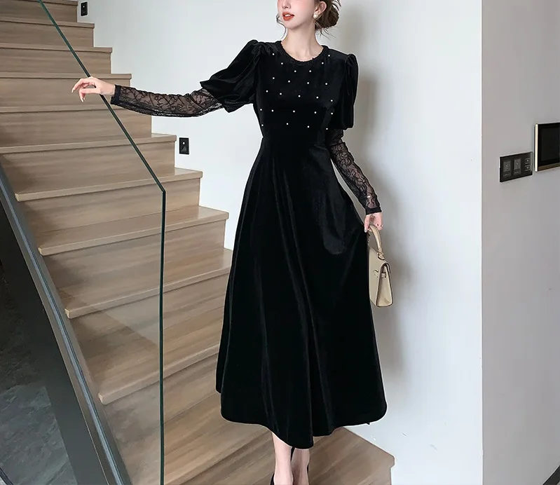 

Real shot 2023 Autumn/Winter New Bead Craft Design Annual Meeting Birthday Party Velvet Dress Long sleeved Dress Women