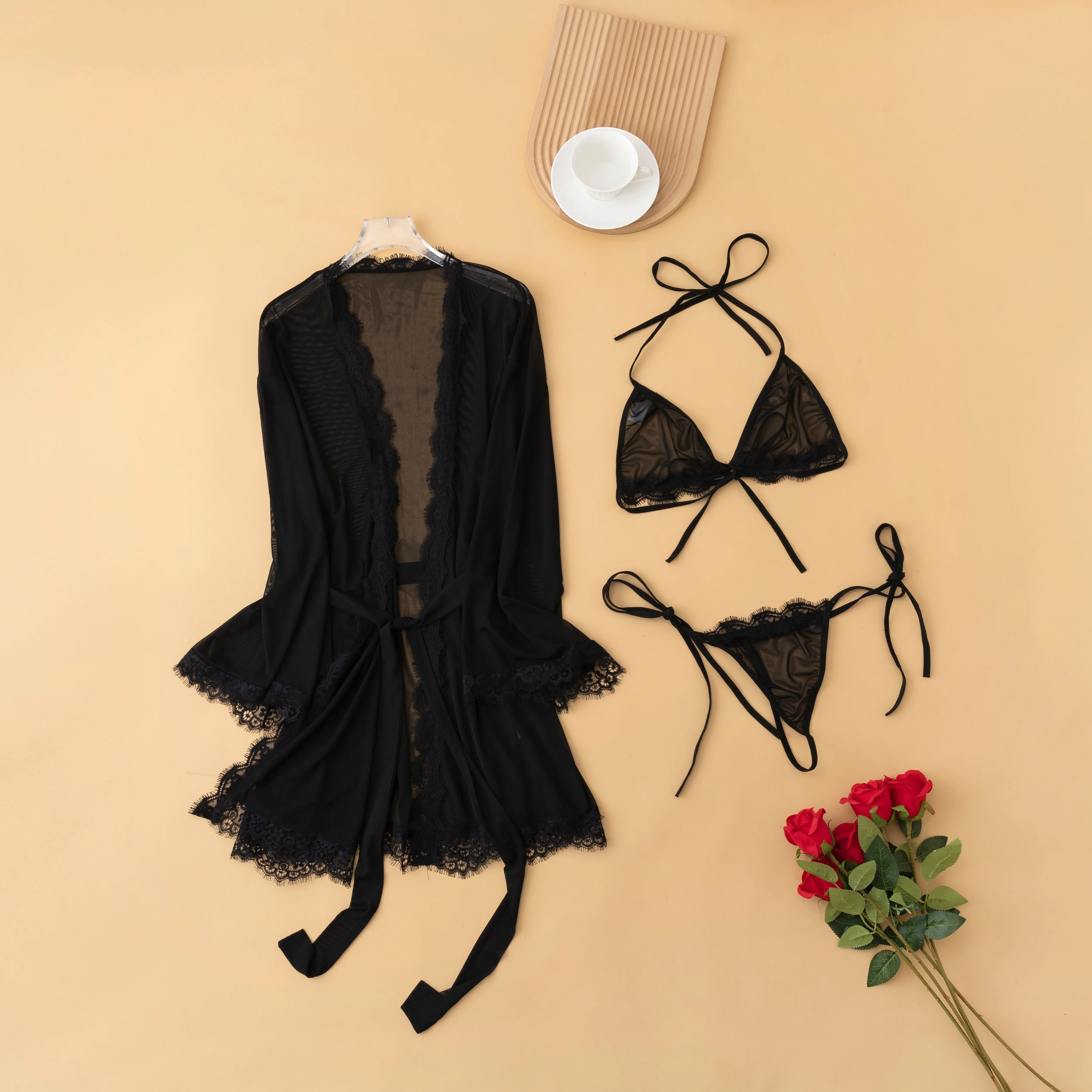

Elegant Black Sheer Lace Robe with Flared Sleeves for Sensual Nights.Lace tulle nightgown sheer loungewear. sexy female lingerie